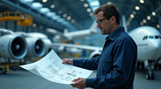 Illustration principale montrant un ingénieur aéronautique en environnement industriel entouré de moteurs d'avion, satellites et interfaces numériques