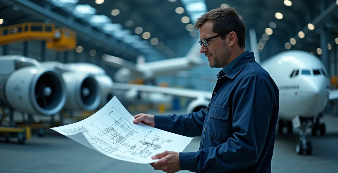 Illustration principale montrant un ingénieur aéronautique en environnement industriel entouré de moteurs d'avion, satellites et interfaces numériques