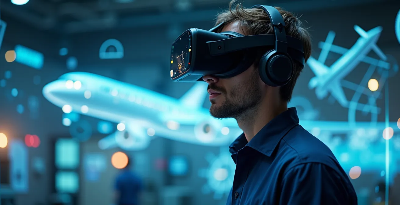 Image conceptuelle de simulation en réalité virtuelle pour la formation aéronautique