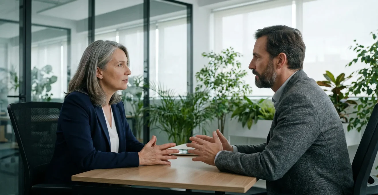 Phase amiable discussion professionnelle entre deux personnes dans un bureau moderne