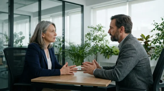 Phase amiable discussion professionnelle entre deux personnes dans un bureau moderne