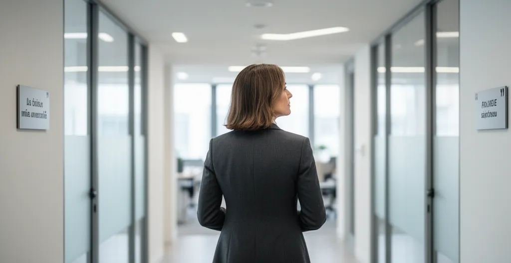 Personne en réflexion sur ses options de négociation amiable dans un couloir de bureau